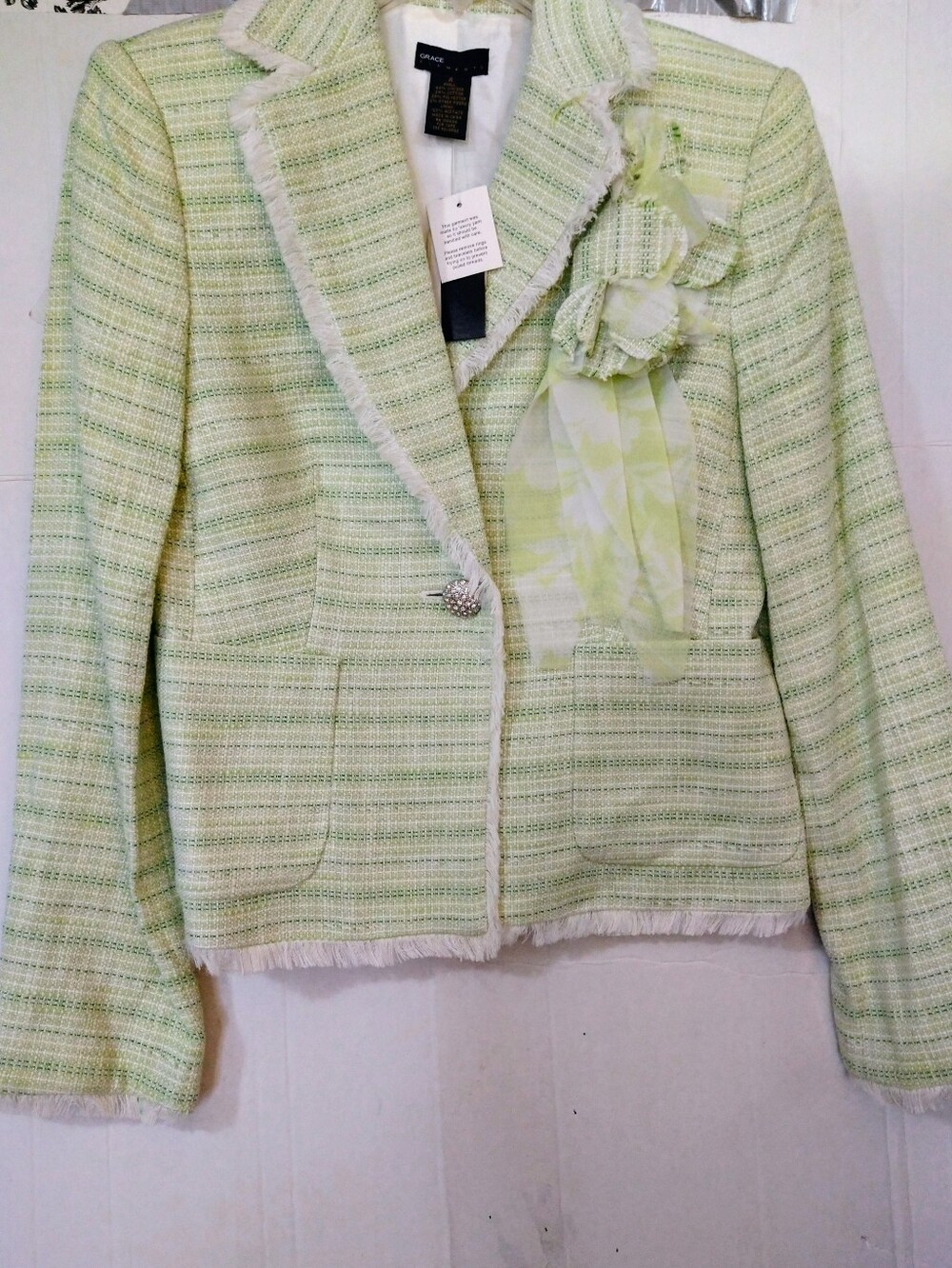 Spectacular Light Green Tweed Jacket with Floral Ribbon Brooch & fringe Details